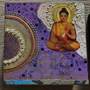Buddha on canvas mixed media one of a kind wall art 4” x 4”